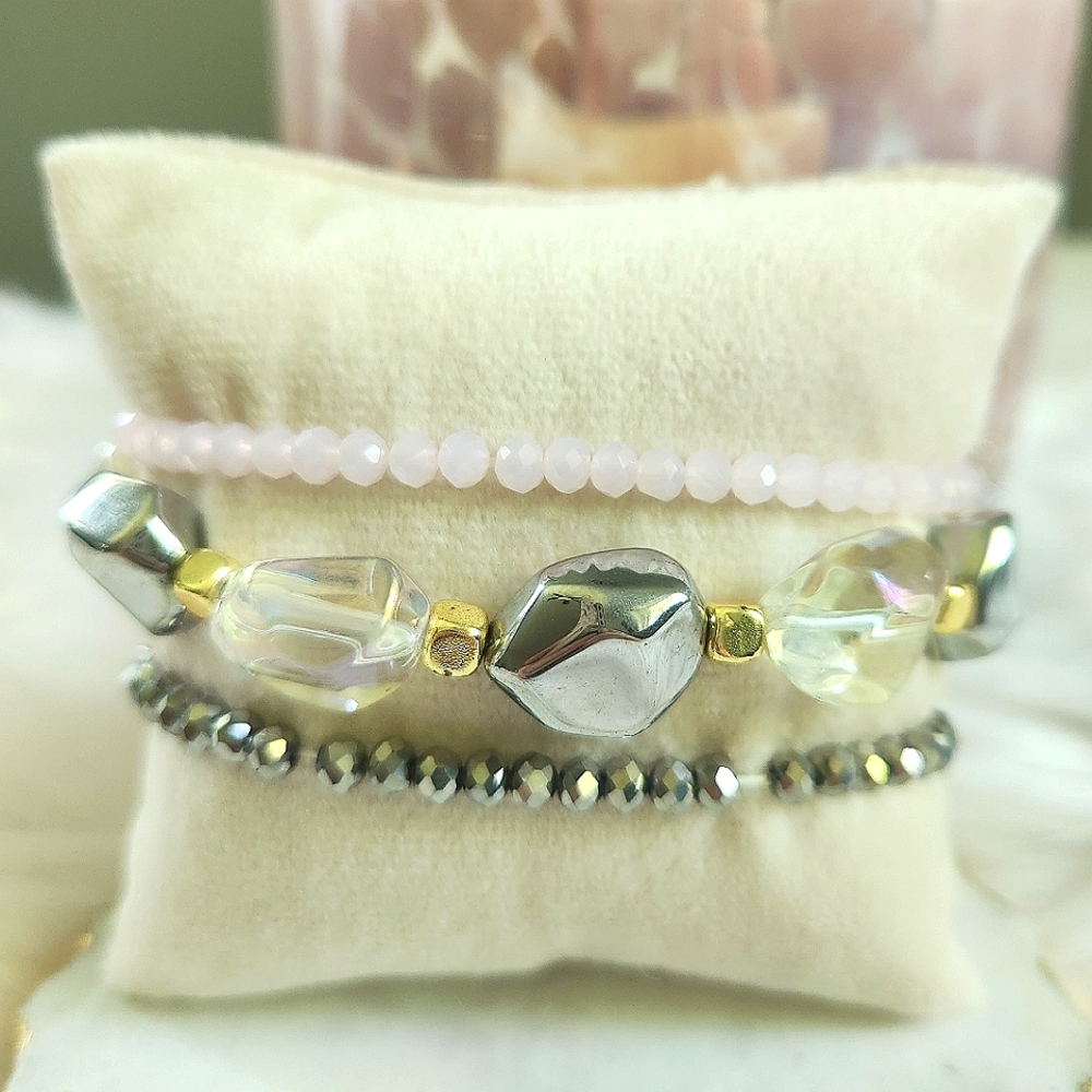 NWT Ryze Iridescent, Chrome, and Pale Pink Colored Beaded Staxx Bracelets